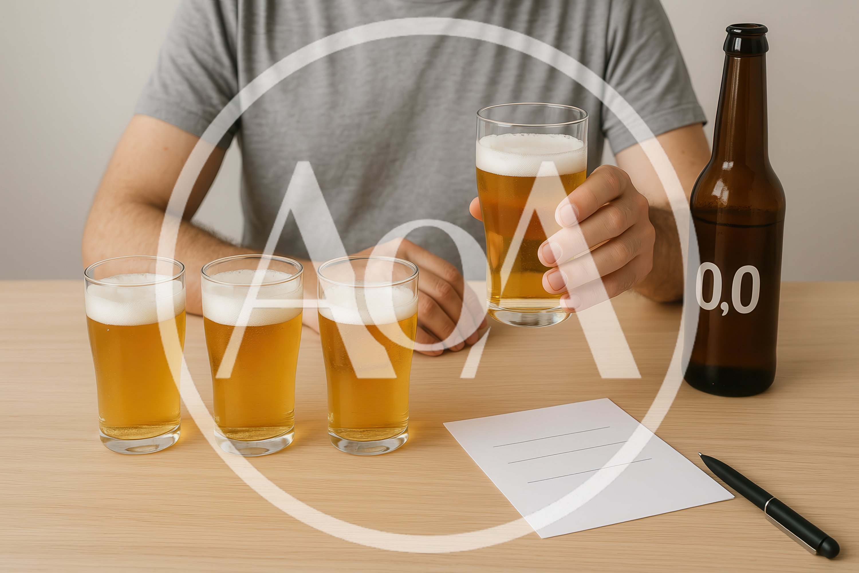 Man Tasting Non-Alcoholic Beer Samples at a Table