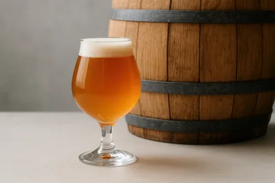 Glass Of Craft Beer Beside A Wooden Barrel