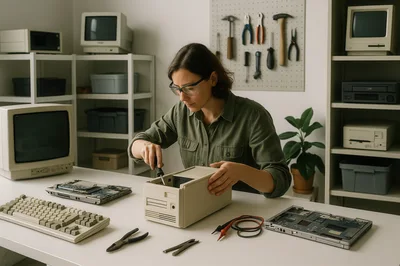 Woman Repairing Vintage Computer Hardware In Workshop