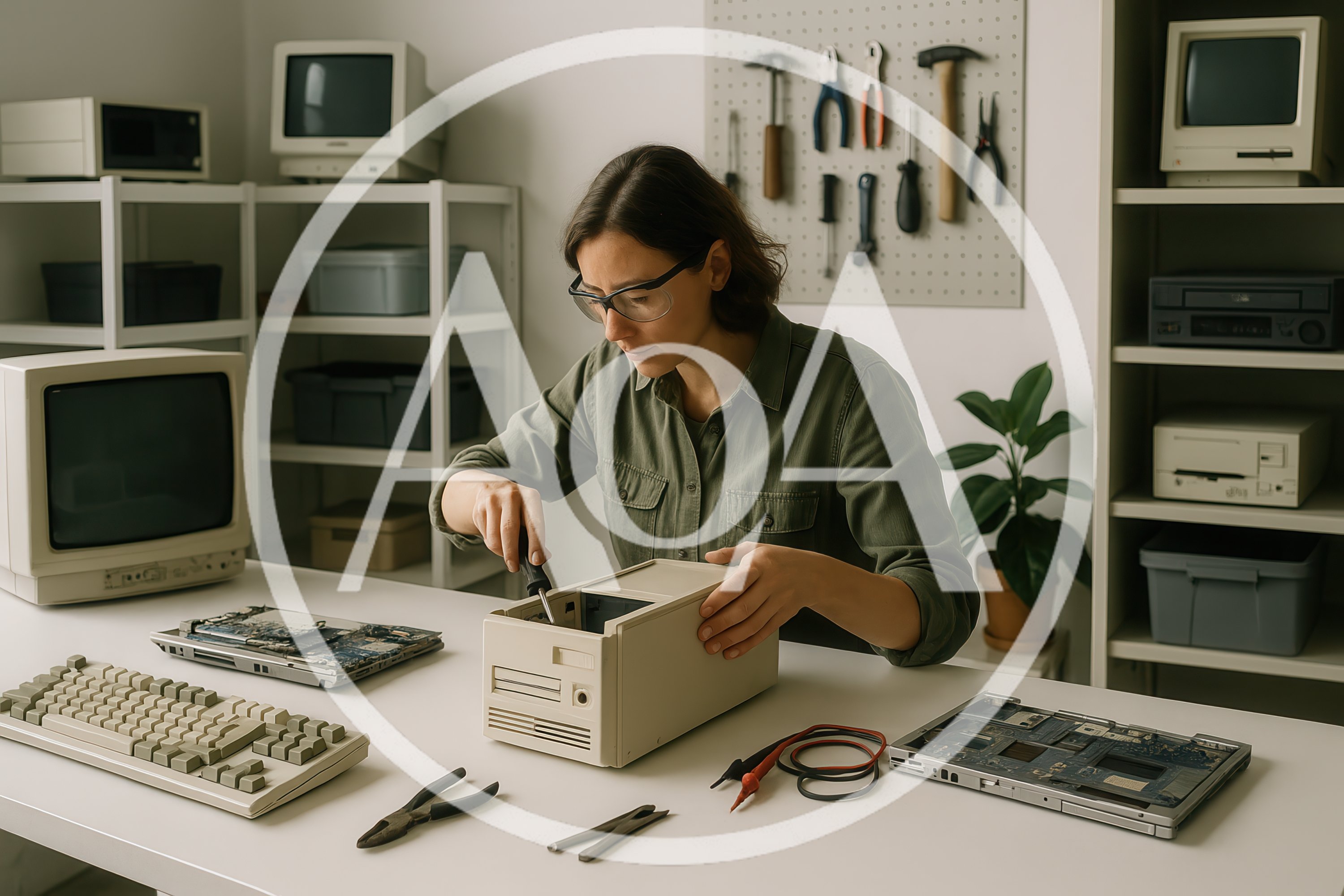 Woman Repairing Vintage Computer Hardware In Workshop