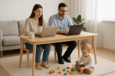Parents Working Remotely While Toddler Plays On Floor