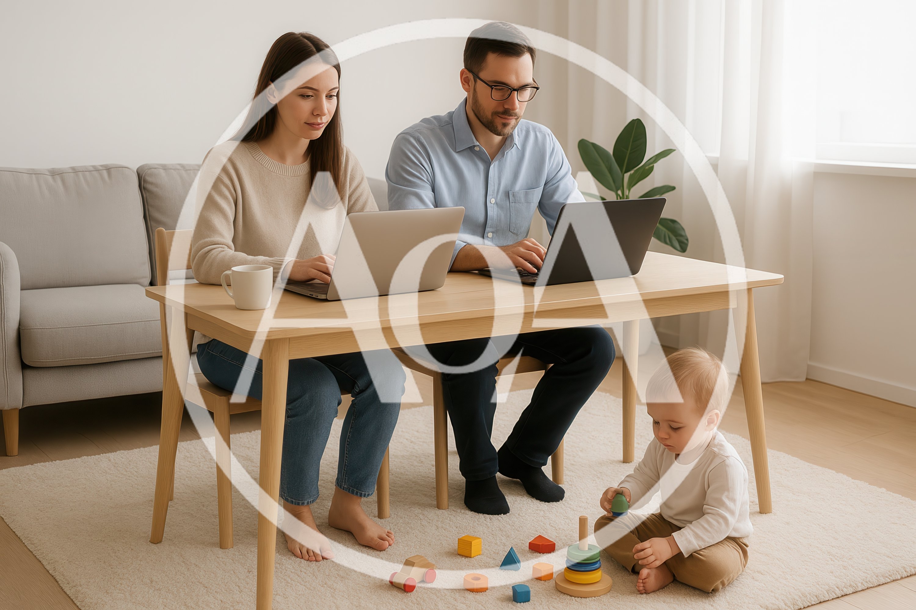 Parents Working Remotely While Toddler Plays On Floor