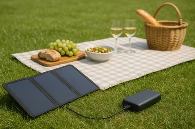 Portable Solar Panel Charging Power Bank During Picnic