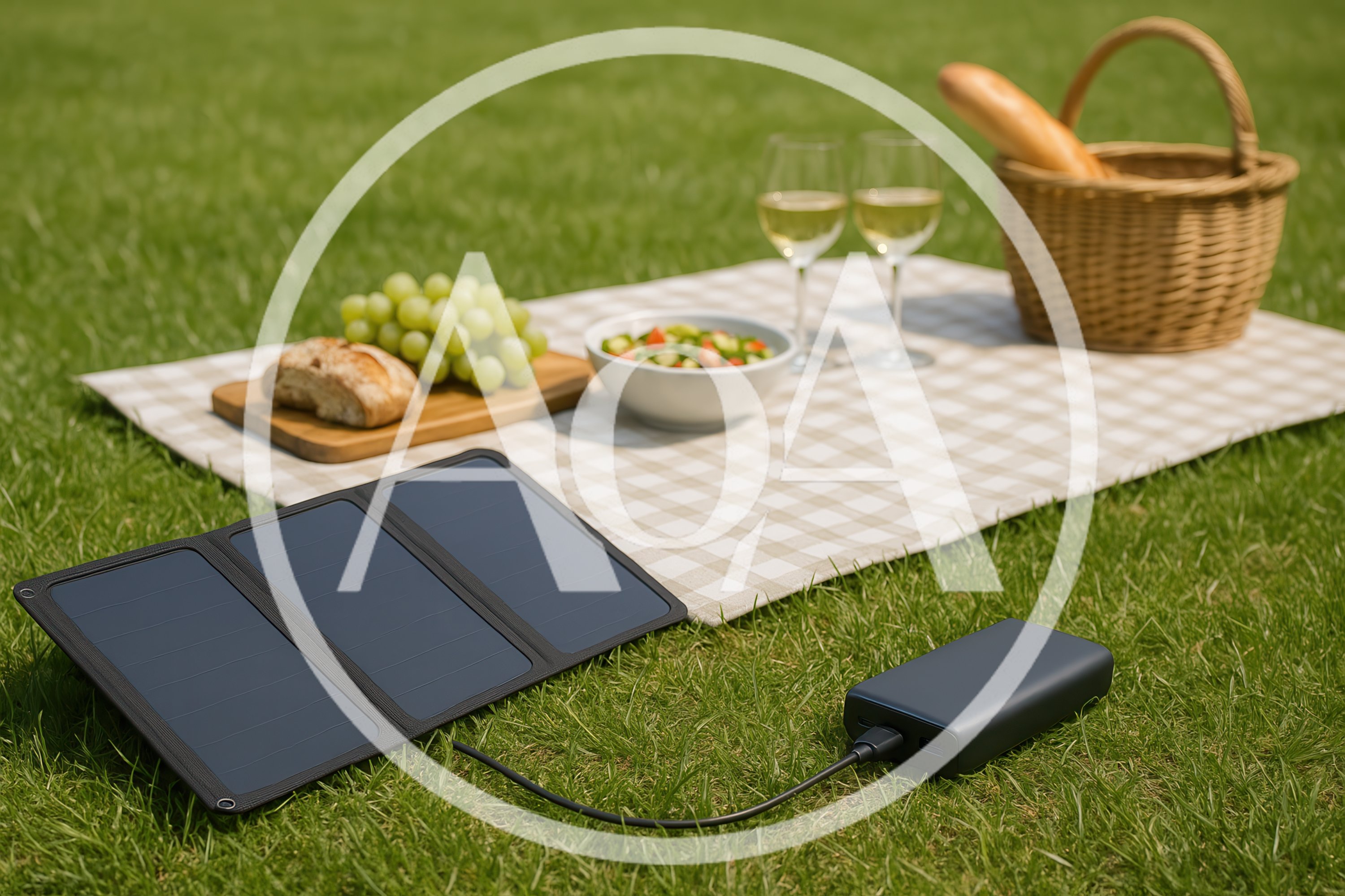 Portable Solar Panel Charging Power Bank During Picnic