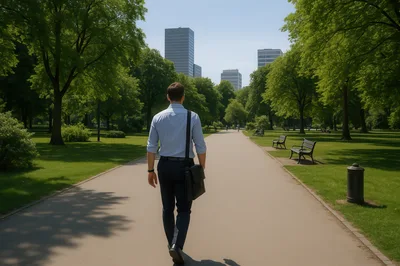Businessman Walking Through A Sunny City Park