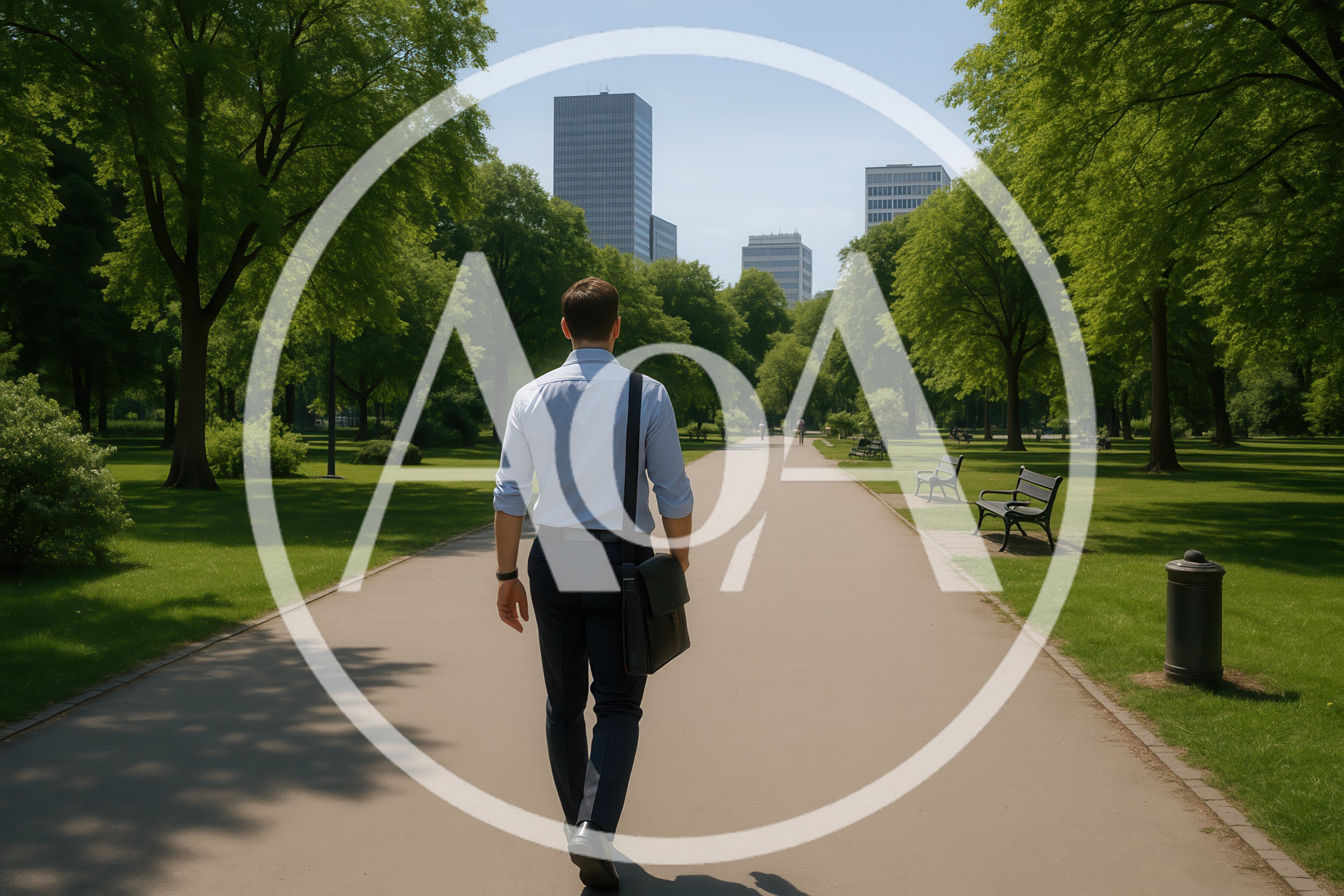 Businessman Walking Through A Sunny City Park