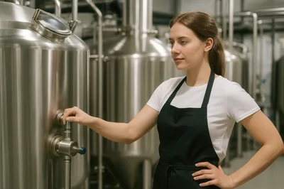 Female Brewer Operating Stainless Steel Fermentation Tank