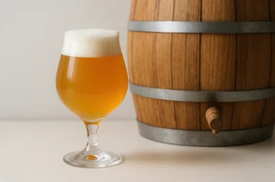 Glass Of Craft Beer Beside A Wooden Barrel