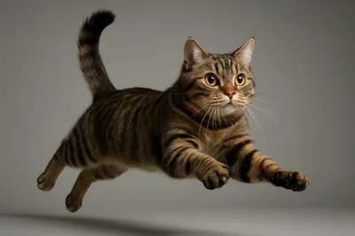 Brown Tabby Cat Leaping Through The Air