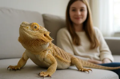 Bearded Dragon Lizard Sitting On A Sofa