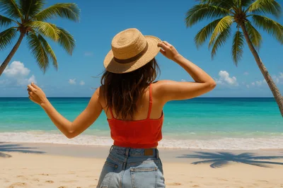 Woman In Straw Hat Enjoying Tropical Beach Vacation
