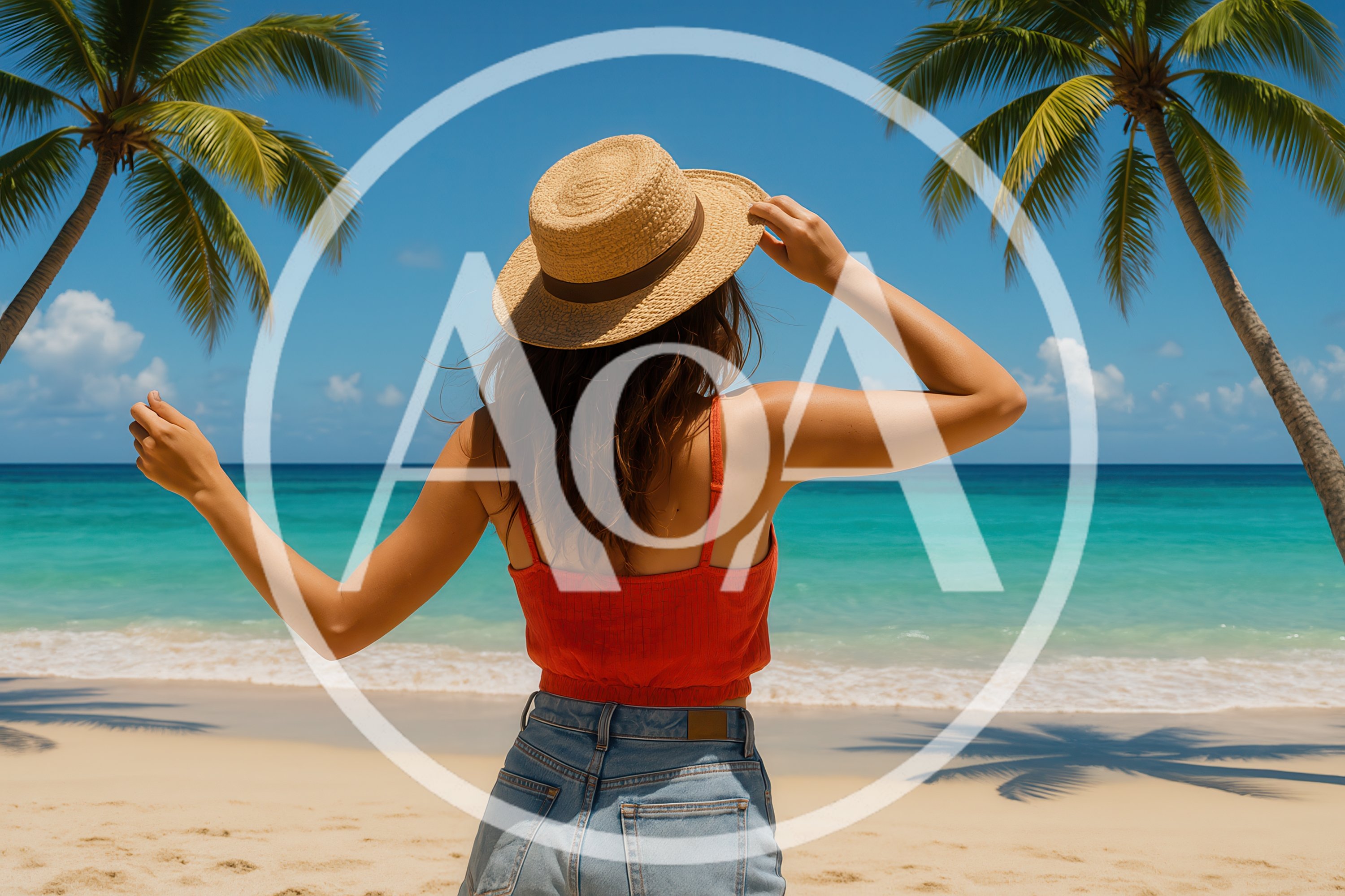 Woman In Straw Hat Enjoying Tropical Beach Vacation
