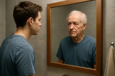 Young Man Looking At His Older Self In Mirror