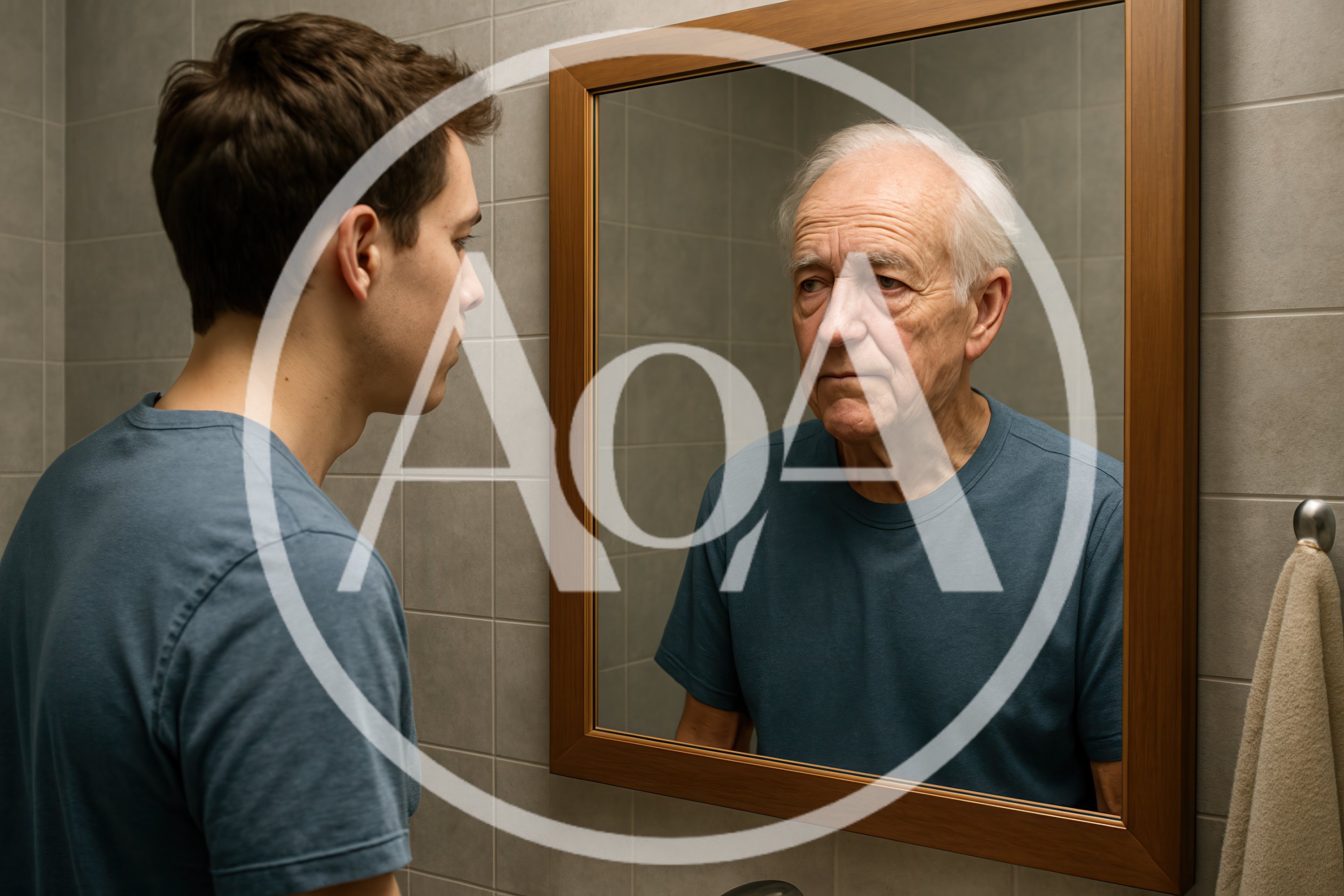 Young Man Looking At His Older Self In Mirror