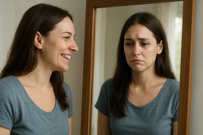 Woman Looking At Her Sad Reflection In A Mirror