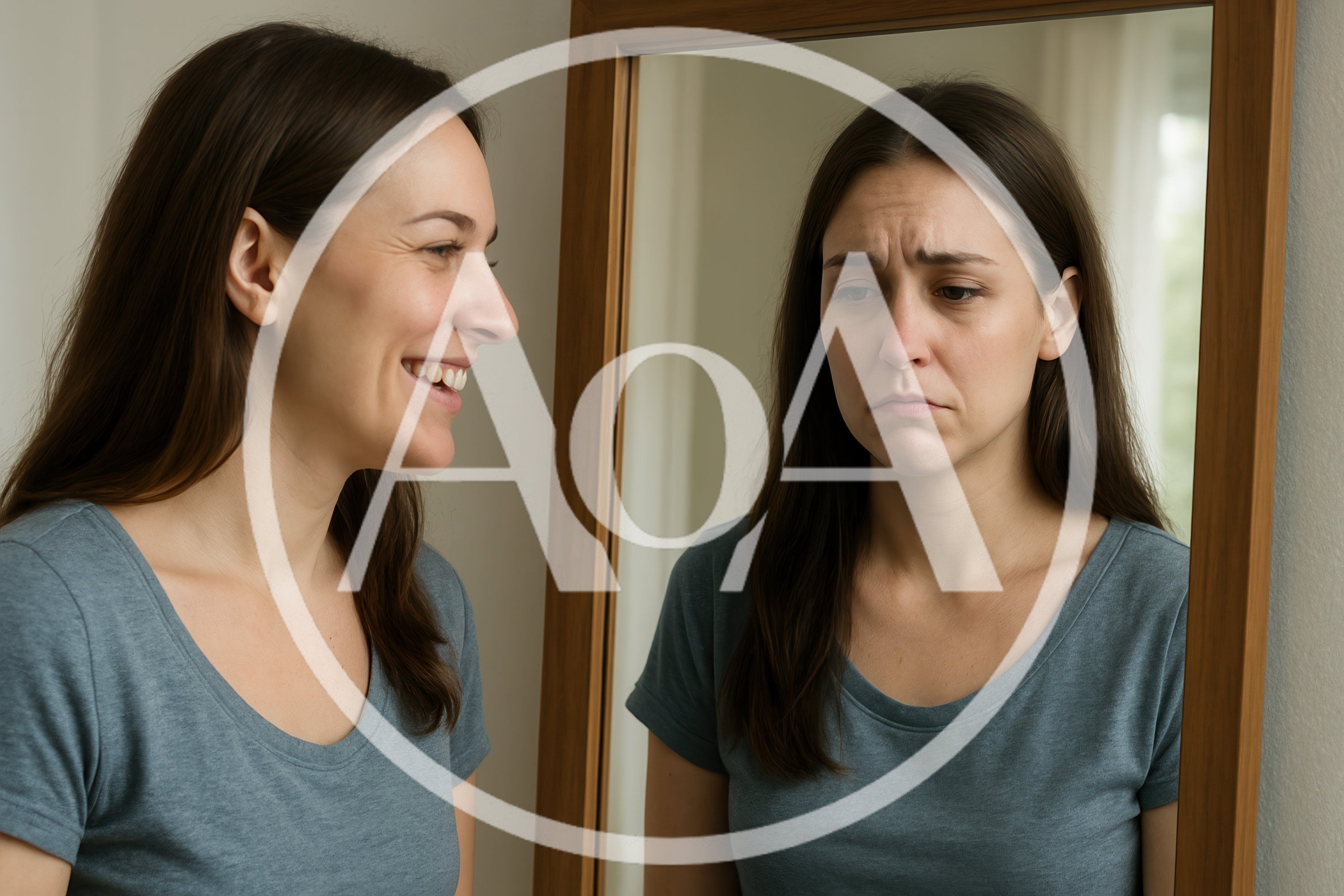 Woman Looking At Her Sad Reflection In A Mirror