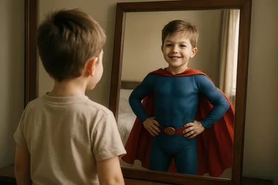 Young Boy Imagining Himself As A Superhero In Mirror