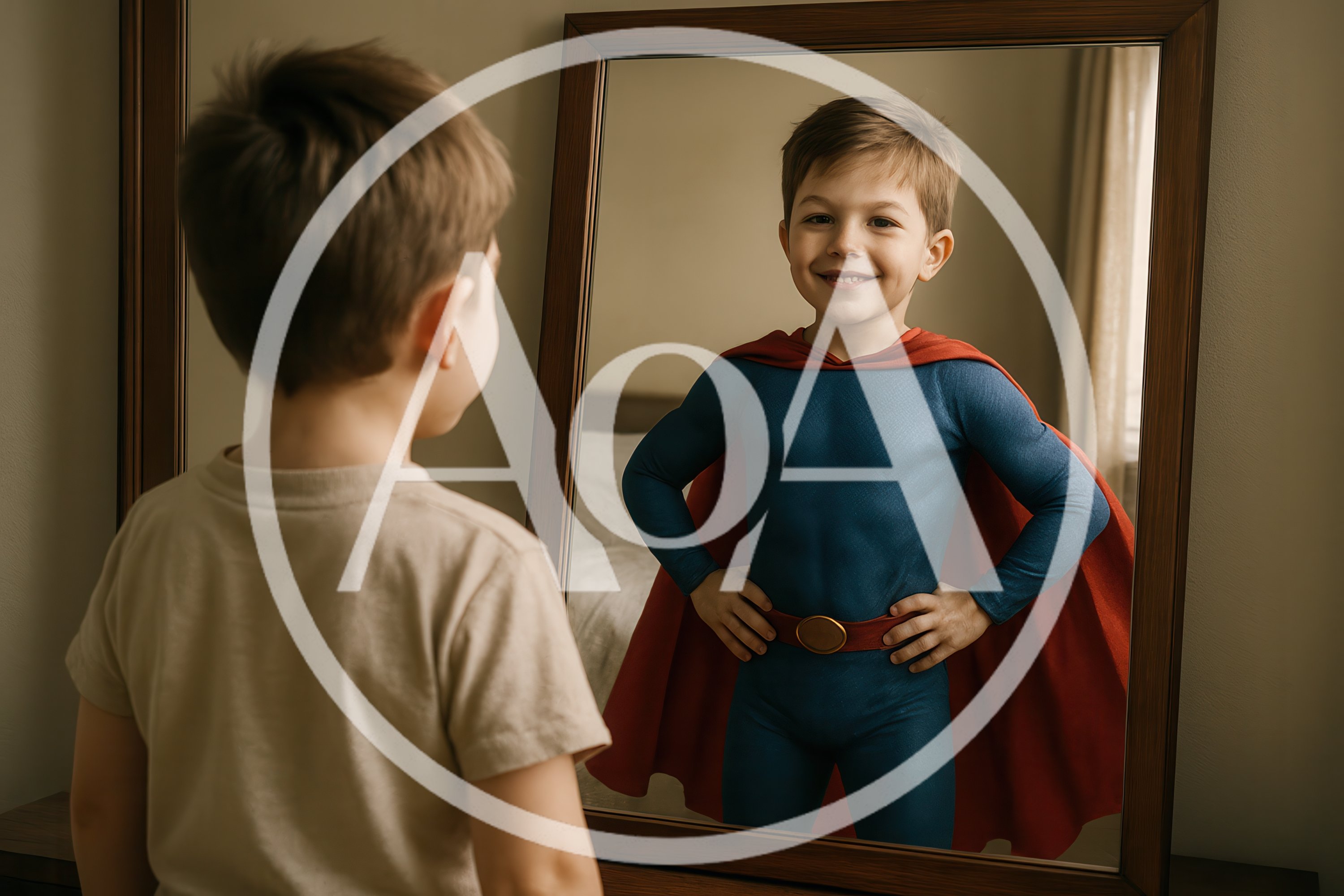 Young Boy Imagining Himself As A Superhero In Mirror