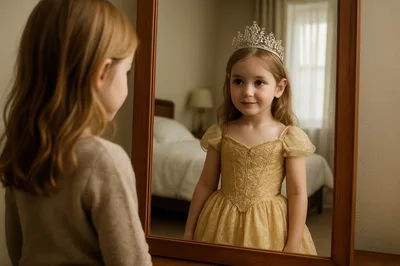 Little Girl Wearing A Princess Costume Looking In Mirror