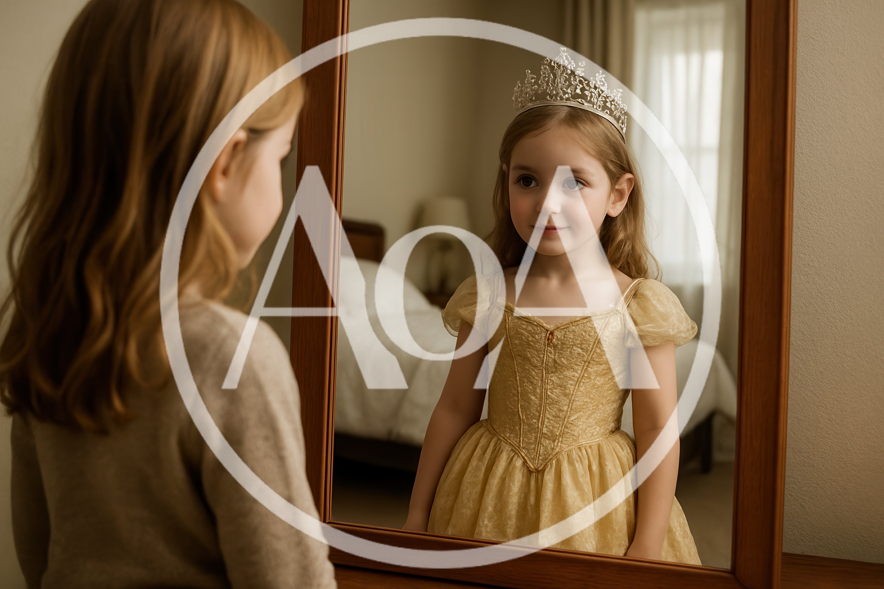 Little Girl Wearing A Princess Costume Looking In Mirror
