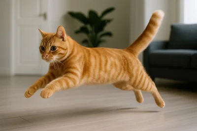 Orange Tabby Cat Leaping Across Living Room Floor