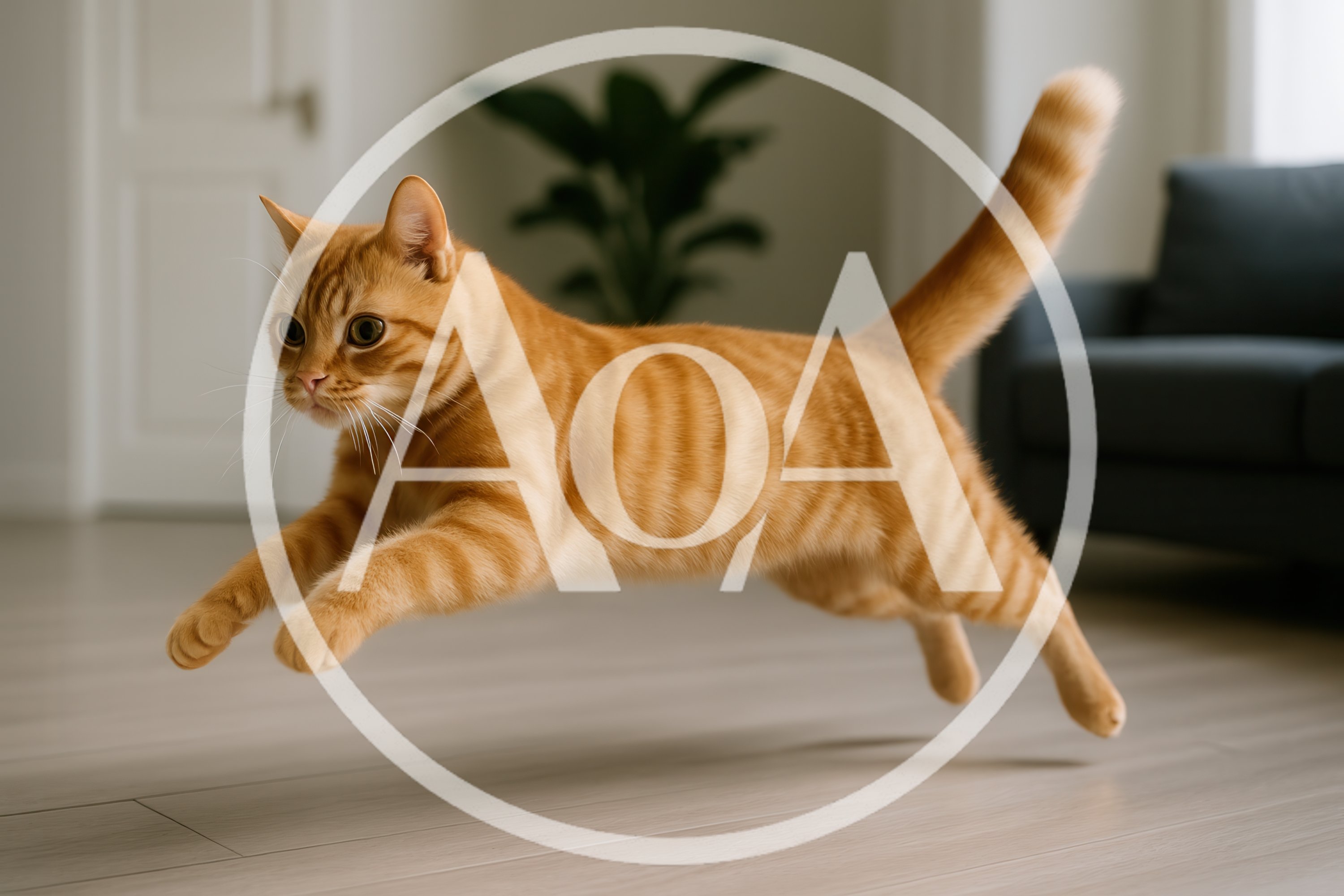 Orange Tabby Cat Leaping Across Living Room Floor
