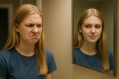 Young Woman Looking At Her Reflection With Disgust