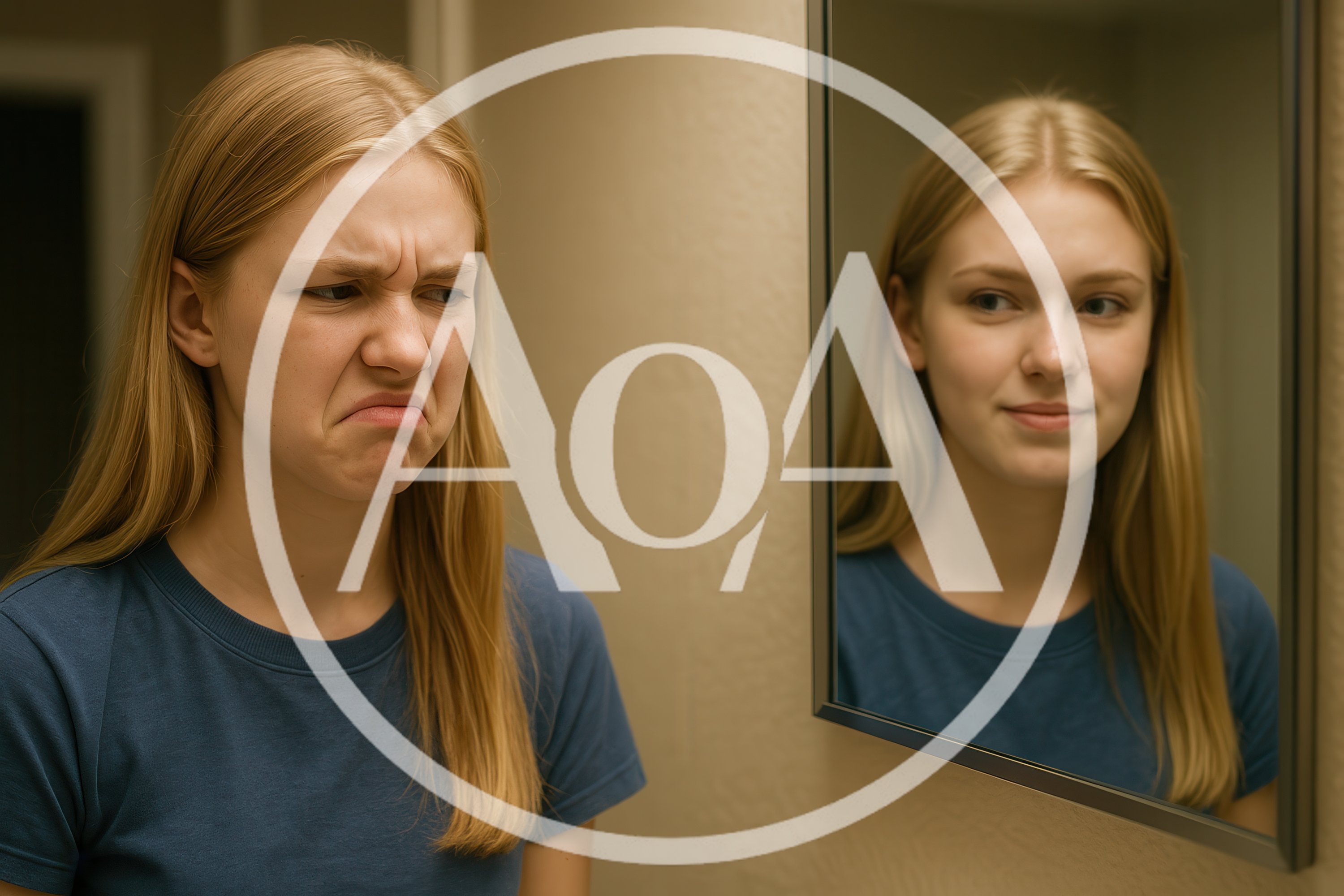 Young Woman Looking At Her Reflection With Disgust