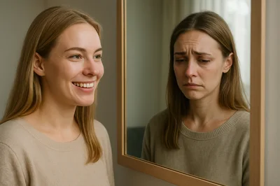 Woman Smiling While Her Reflection Appears Sad In Mirror