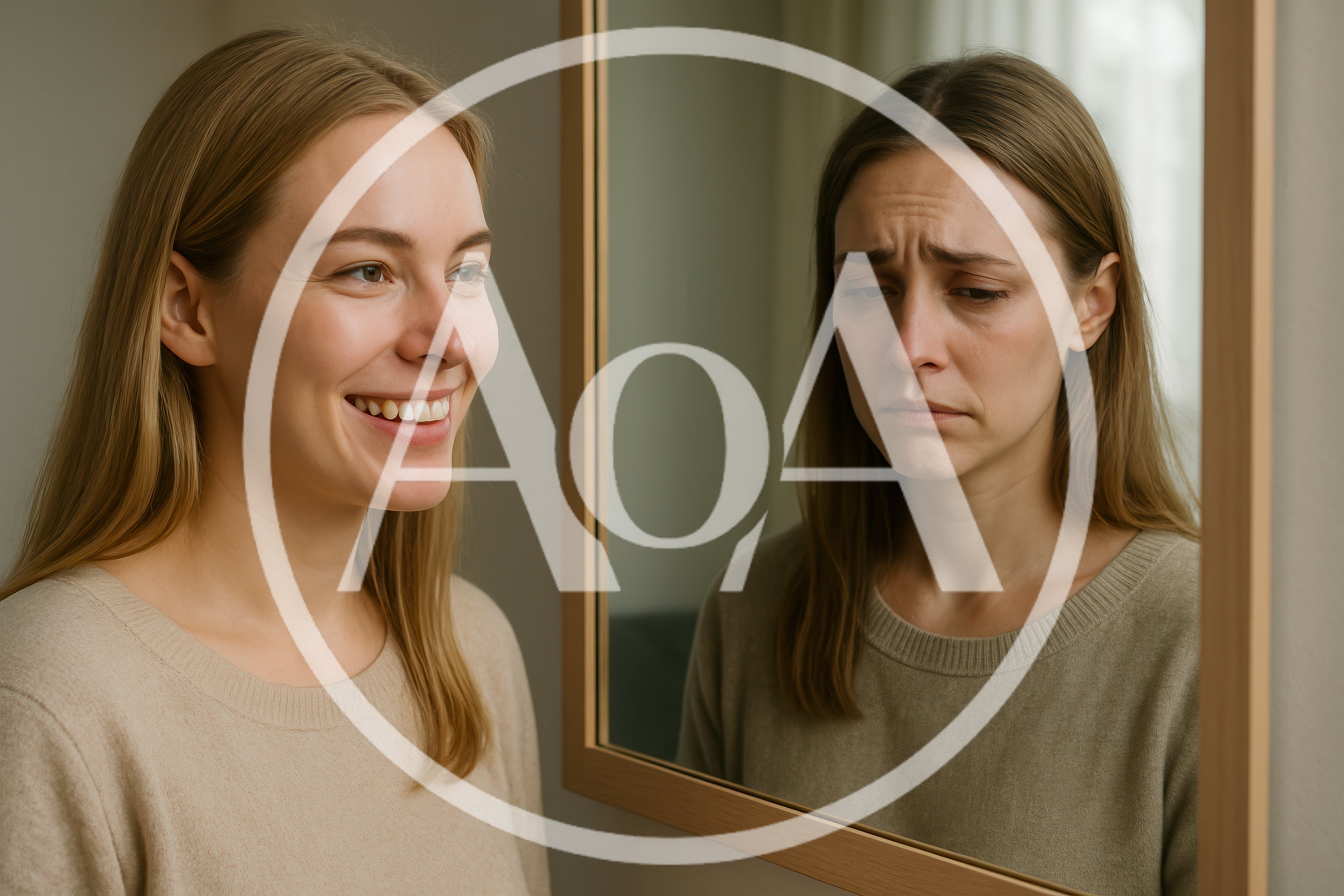 Woman Smiling While Her Reflection Appears Sad In Mirror