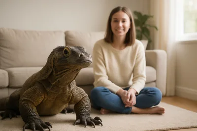 Young Woman Sitting With A Komodo Dragon