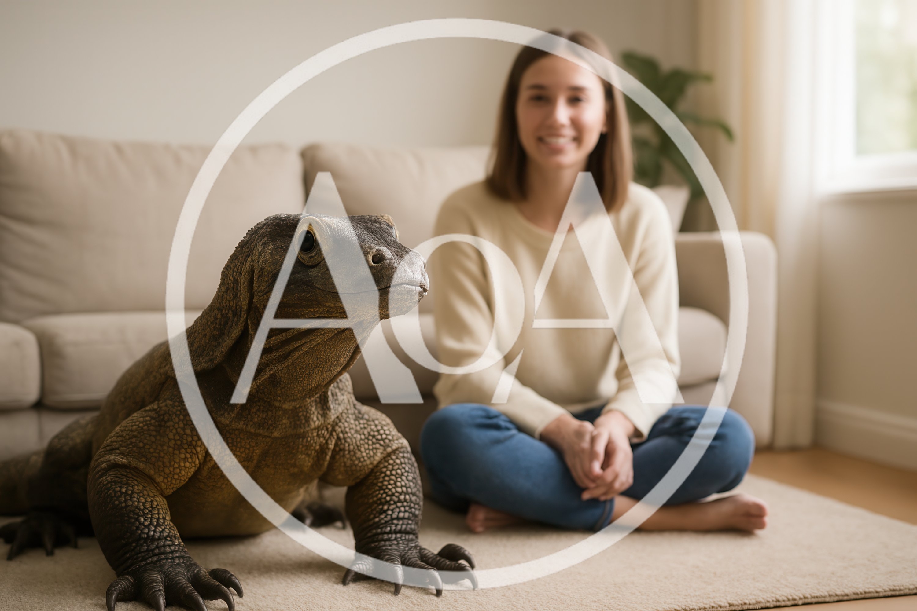 Young Woman Sitting With A Komodo Dragon