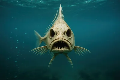 Skeletal Fish Swimming Underwater In Deep Ocean