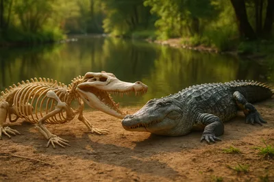 Alligator Skeleton Facing A Living Alligator By River