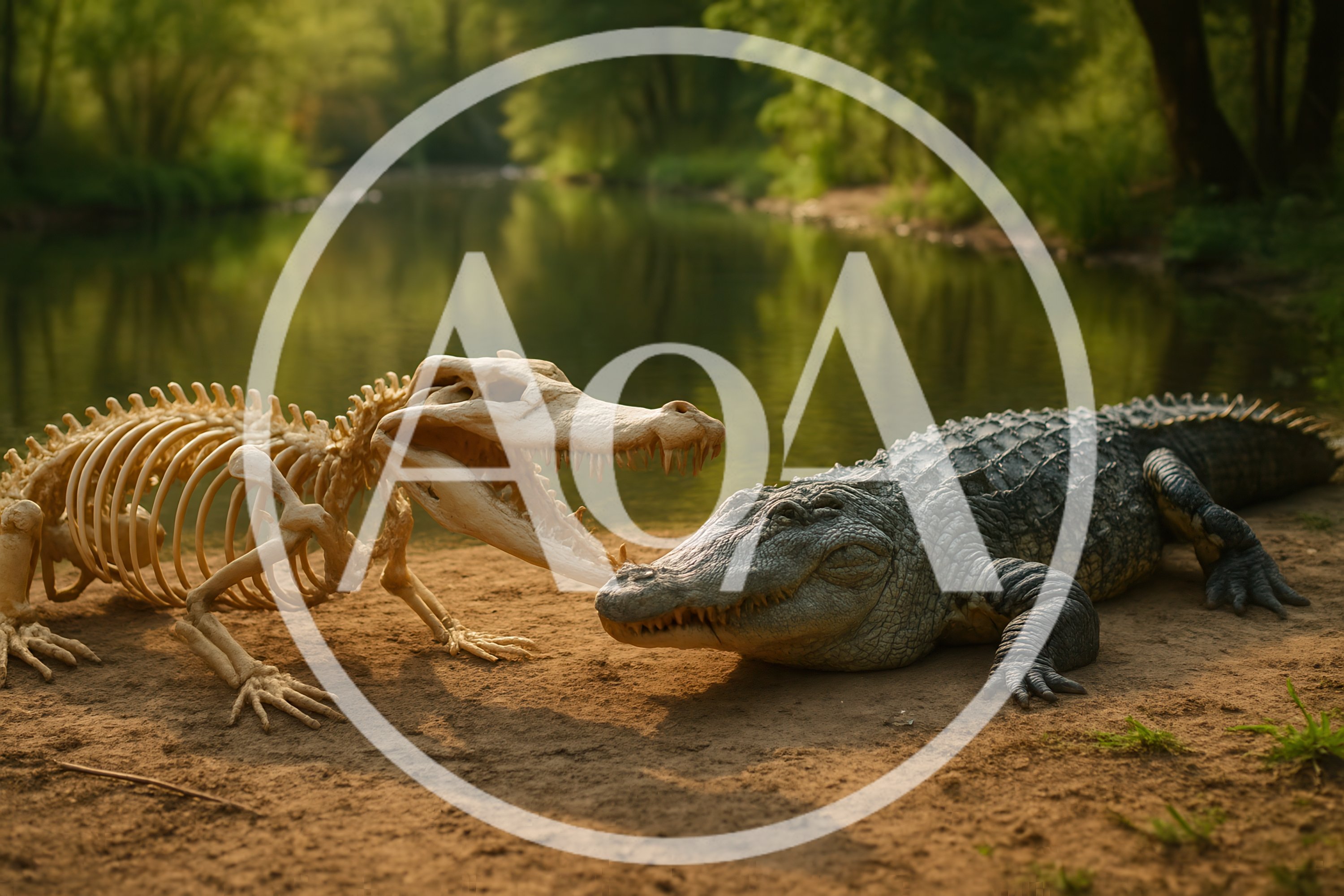Alligator Skeleton Facing A Living Alligator By River