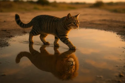 Tabby Cat Walking Through Puddle With Lion Reflection