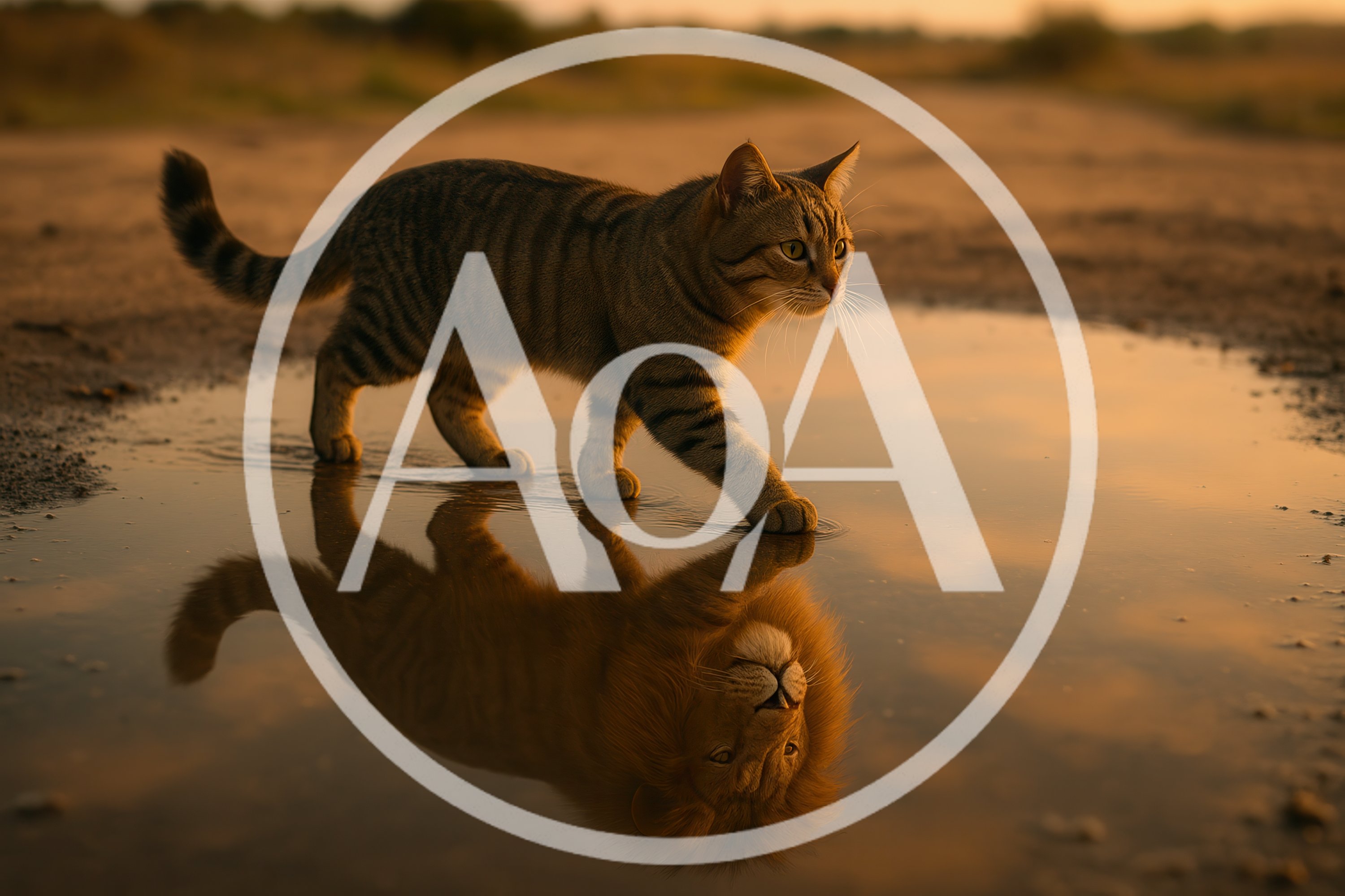 Tabby Cat Walking Through Puddle With Lion Reflection