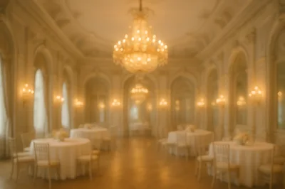 Elegant Ballroom Interior With Round Tables And Crystal Chandeliers