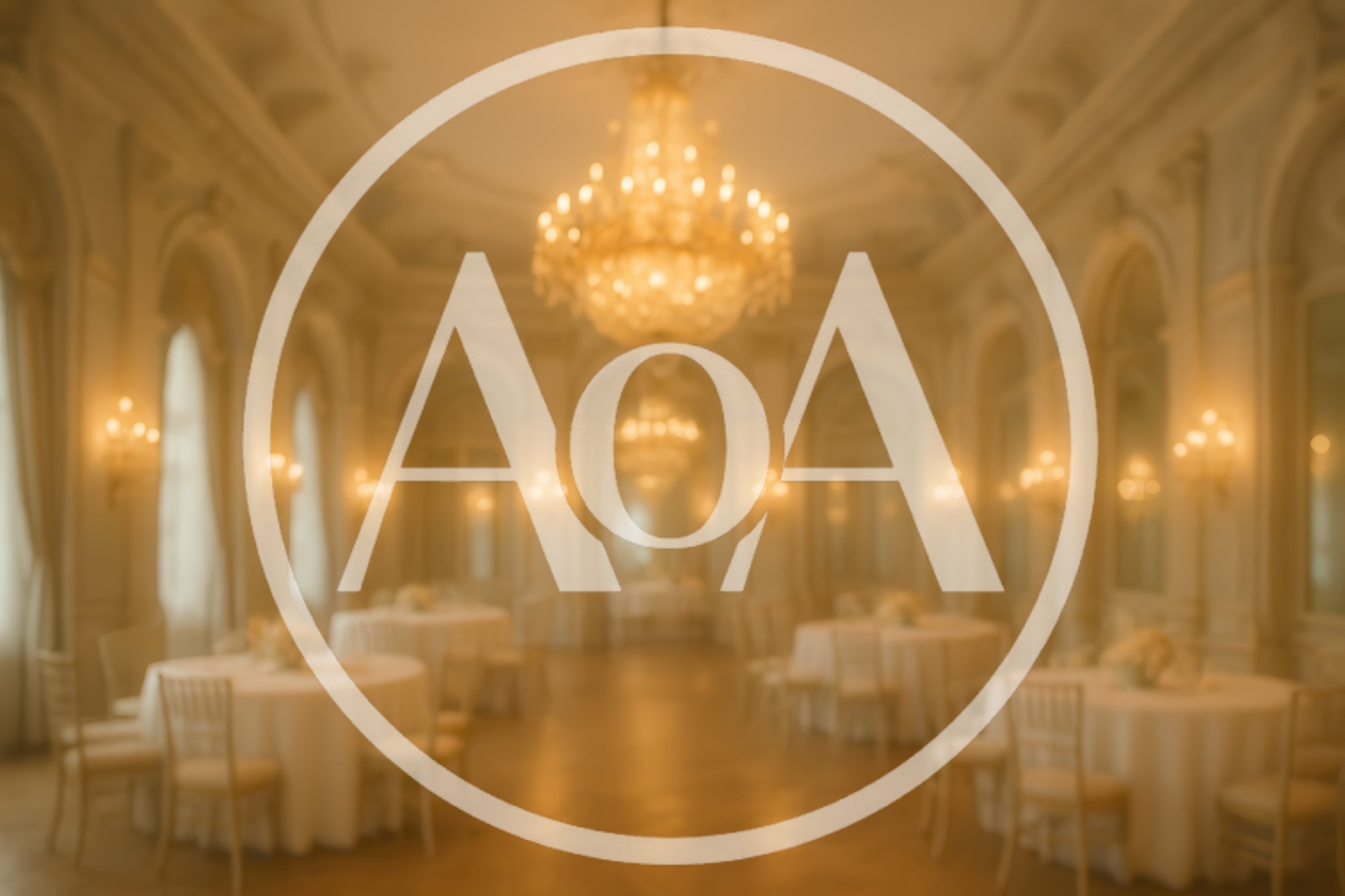 Elegant Ballroom Interior With Round Tables And Crystal Chandeliers