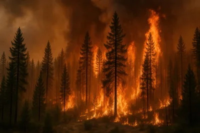 Intense Forest Fire Burning Through Pine Trees