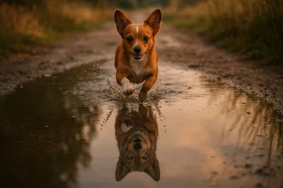 Corgi Puppy Running Through A Muddy Puddle