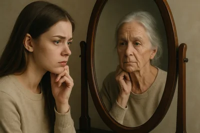 Young Woman Looking At Her Elderly Reflection In Mirror