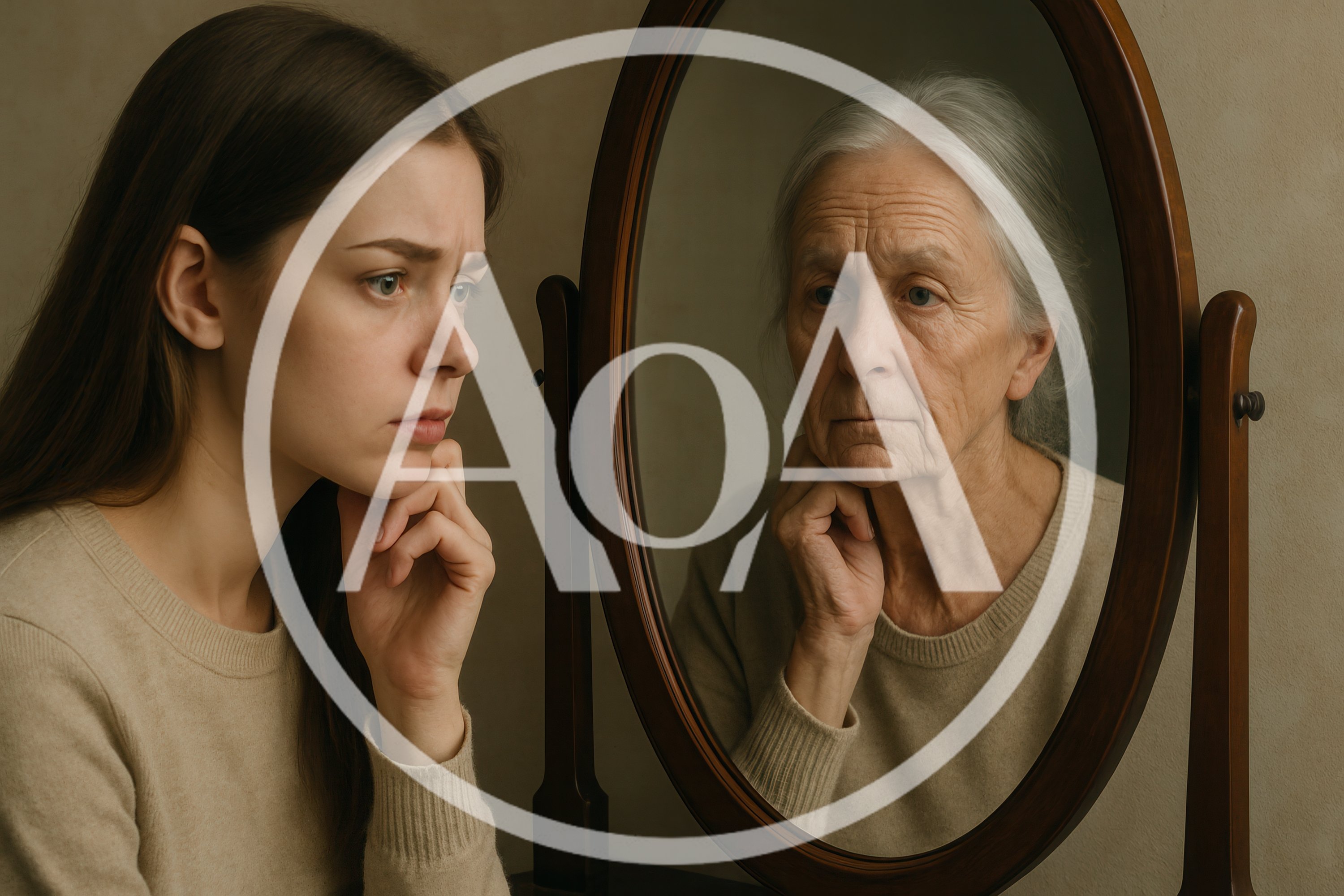 Young Woman Looking At Her Elderly Reflection In Mirror