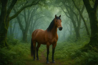 Brown Horse Standing In A Misty Green Forest