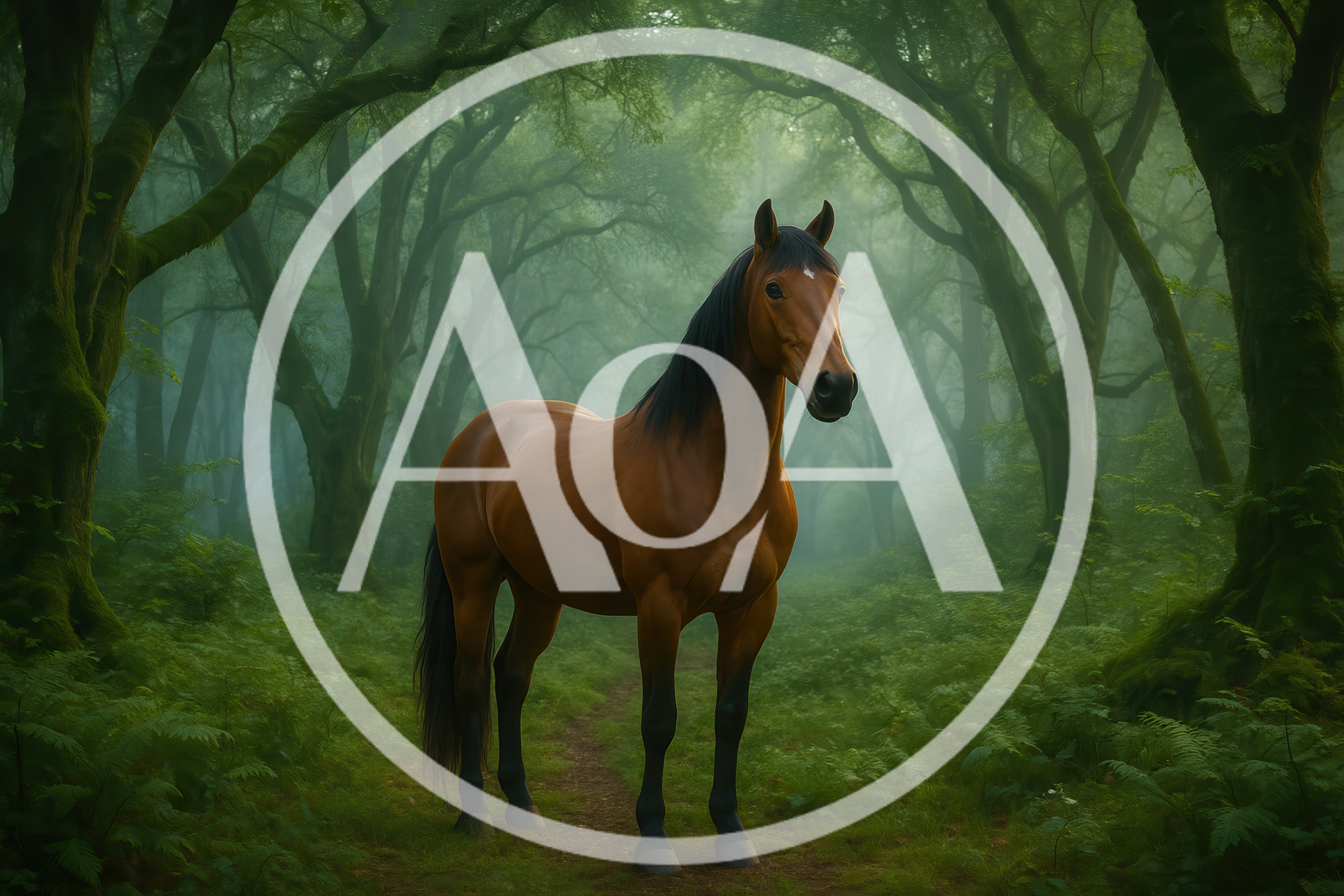 Brown Horse Standing In A Misty Green Forest