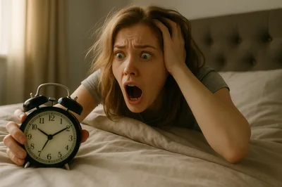 Shocked Woman Waking Up Late With Alarm Clock