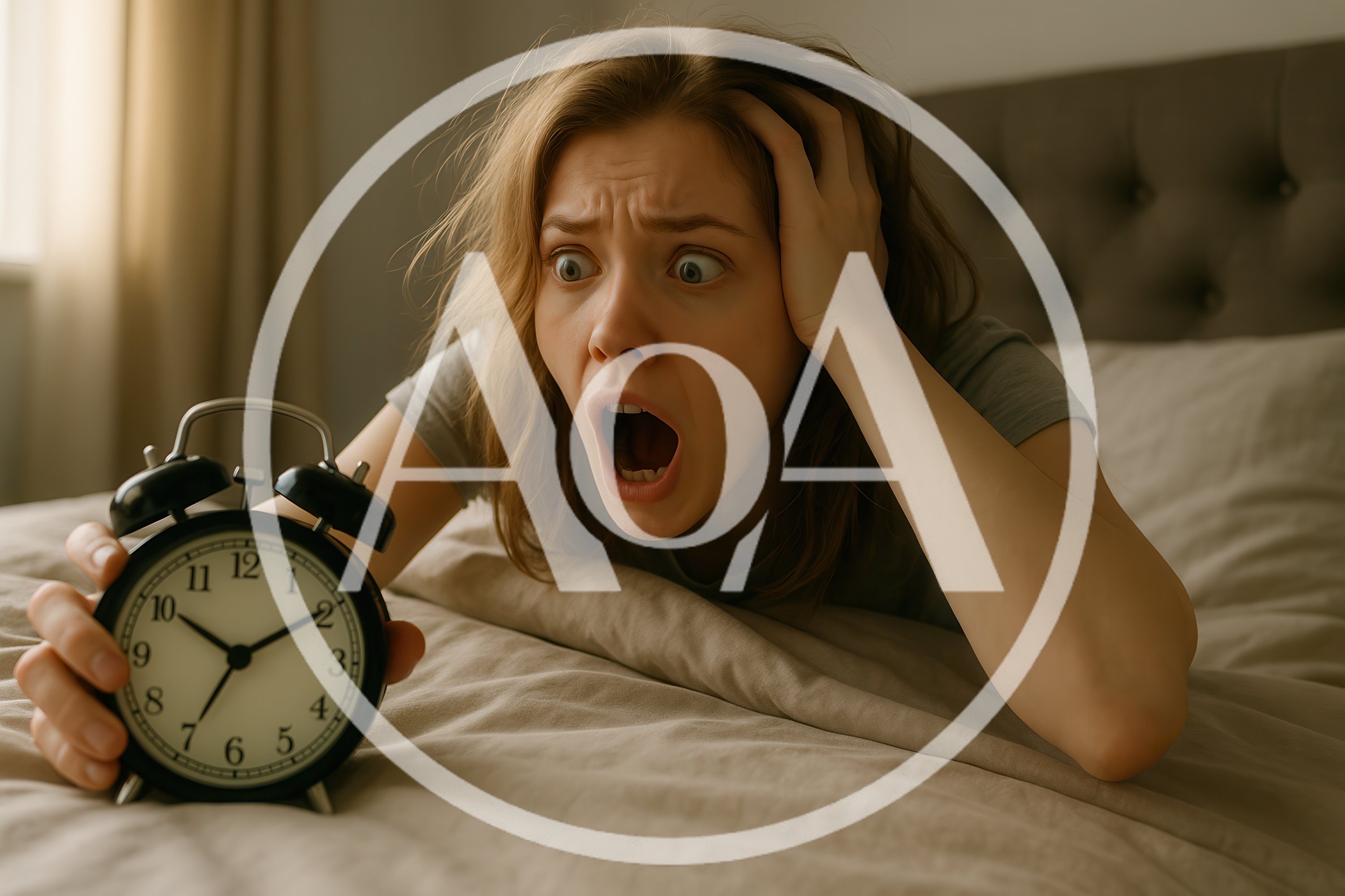 Shocked Woman Waking Up Late With Alarm Clock