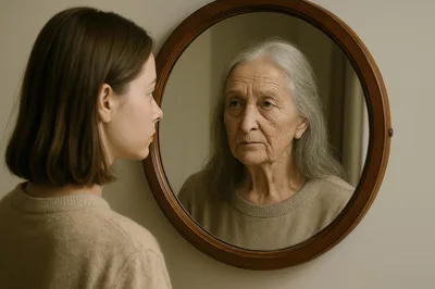 Young Woman Looking At Her Elderly Reflection In Mirror