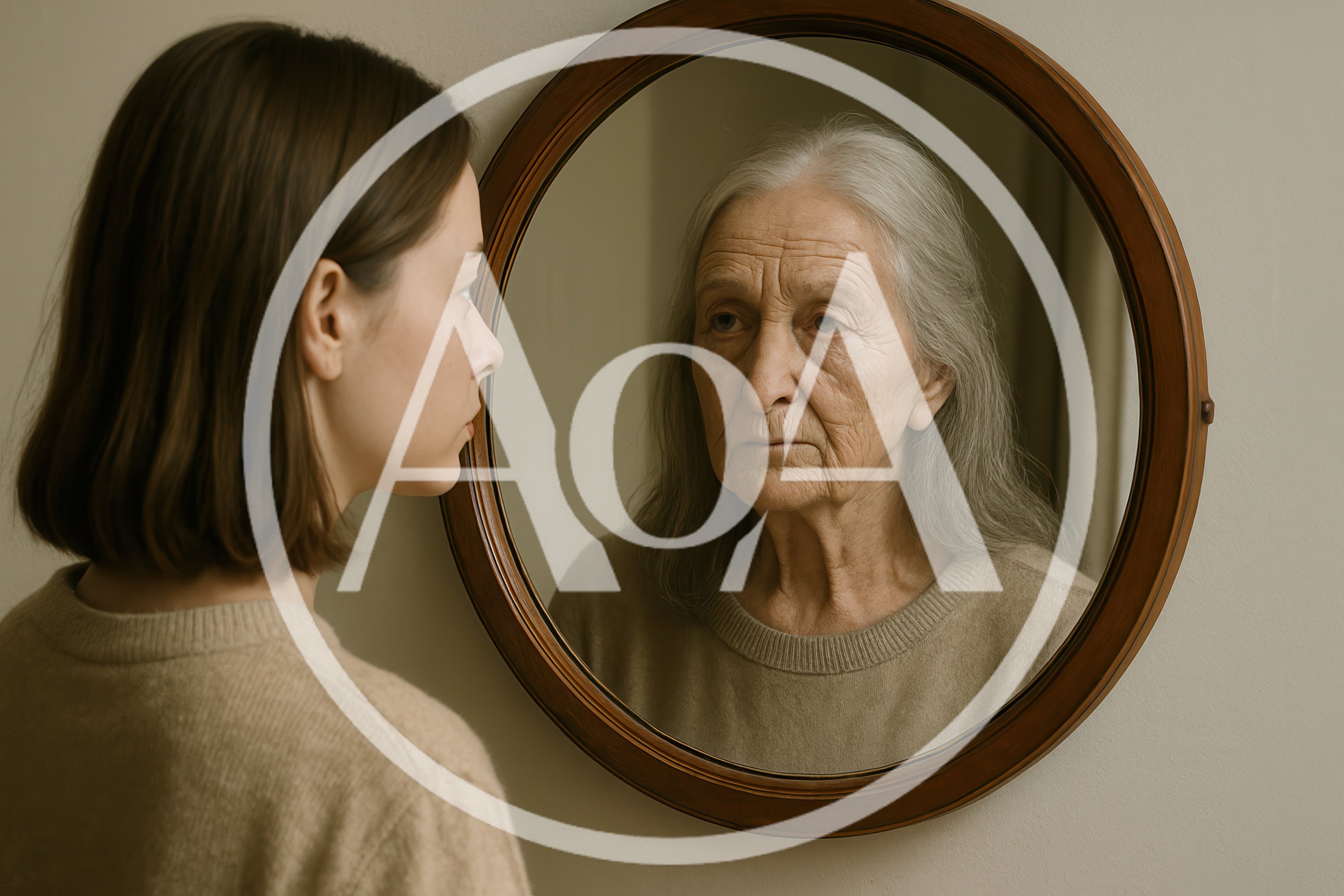 Young Woman Looking At Her Elderly Reflection In Mirror