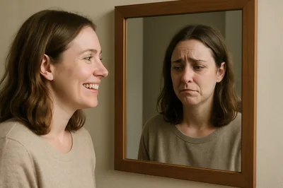Woman Smiling While Her Reflection Appears Sad